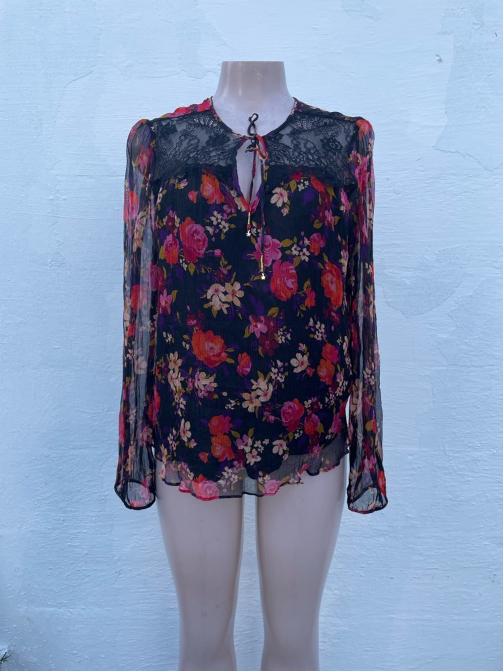 Johnny Was Black Floral Sheer Blouse with Pink, Red and Purple Flowers